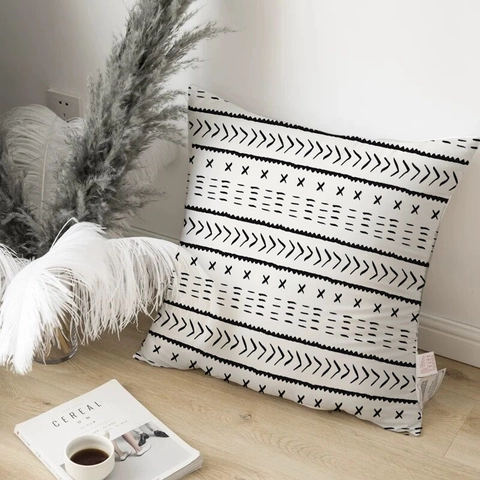 Funda de Almohada Marroquí Geométrica Moderna en Blanco y Negro Poliéster Piel de Melocotón Bohemio para el Hogar