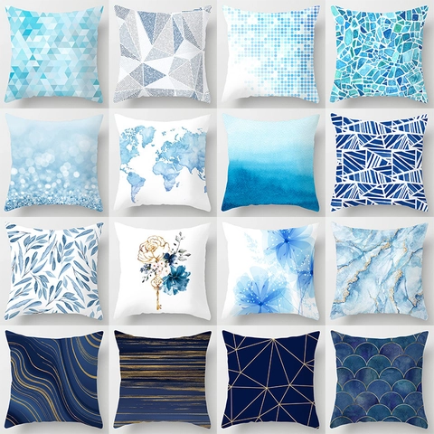Modern Minimalist Blue Geometric Marble Pillowcase Polyester Digital Printed Decorative Cushion Cover For Sofa Home Car