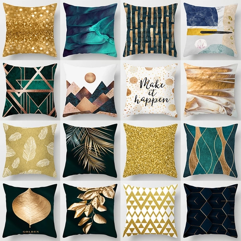 Fodera per Cuscino Moderna Nordica con Stampa Lamina d'Oro Verde Smeraldo Geometrico Marmo Foglie Decorativo per Divano