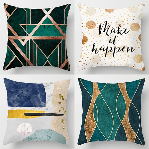 Fodera per Cuscino Moderna Nordica con Stampa Lamina d'Oro Verde Smeraldo Geometrico Marmo Foglie Decorativo per Divano
