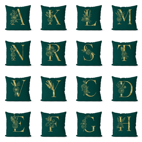 Lussuosa Fodera per Cuscino Verde Scuro Con Lettera Oro Quadrata Stampa Floreale Poliestere per Divano Decorazione Casa