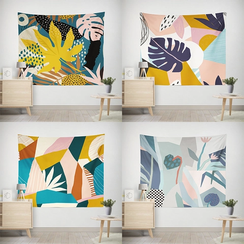 Arazzo da Parete Botanico Astratto Moderno Tessuto in Poliestere Stampa Floreale Geometrica Decorazione Murale Minimalista