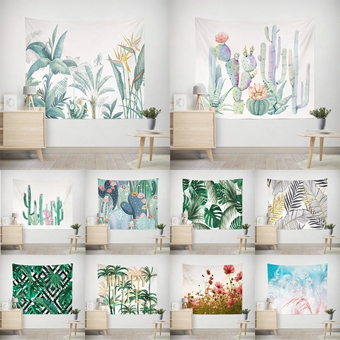 Nordic Style Polyester Botanical Floral Print Tapestry Green Plant Rhombic Pattern Wall Hanging For Living Room Bedroom Decor