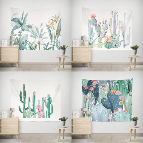 Nordic Style Polyester Botanical Floral Print Tapestry Green Plant Rhombic Pattern Wall Hanging For Living Room Bedroom Decor