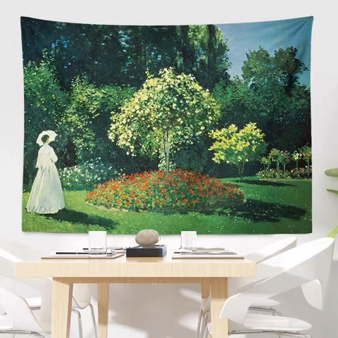 Monet Impressionist Oil Painting Tapestry Polyester Wall Hanging Art Landscape Lady Garden Japanese Bridge For Home Decor