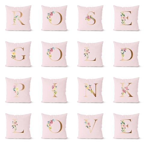 Rosa Roségold Buchstabe Blumen Kissenbezug Polyester Quadrat Kissenhülle Für Sofa Zuhause Wohnzimmer Dekor Dekorativer Kissenbezug