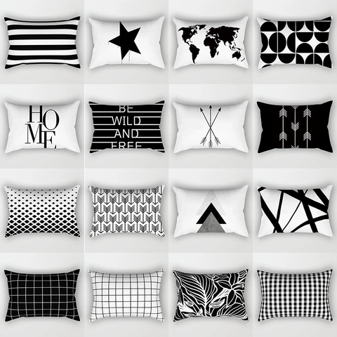 Funda de Cojín Rectangular Geométrica Blanca y Negra Minimalista Moderna De Poliéster Piel de Melocotón Para Sofá Hogar