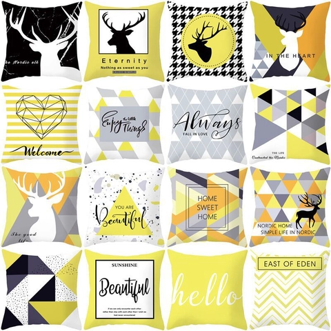 Funda de Almohada Nórdica Moderna Geométrica Amarillo Gris Poliéster Piel de Melocotón Funda de Cojín Decorativa Sofá Hogar