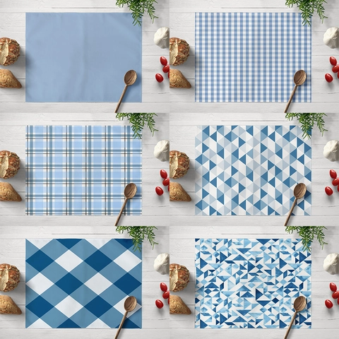 Mantel Individual Cuadros Geométricos Azul Resistente al Calor Lino de Algodón Rectangular Alfombrilla Mesa de Comedor