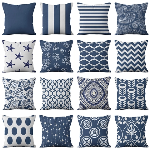 Federa per Cuscino in Lino Blu Notte Quadrata Copricuscino per Divano Casa Decor Moderno Etnico Pattern Geometrico Federa Decorativa