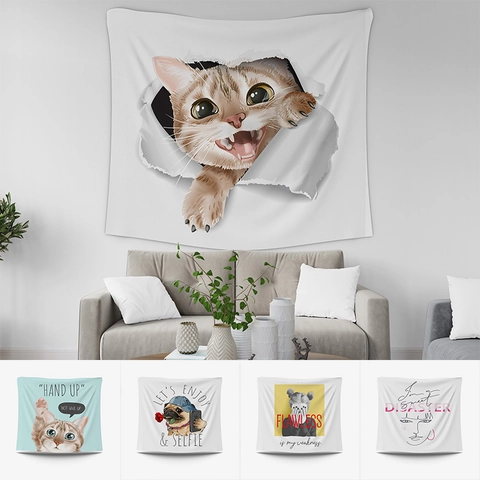 Modern Cartoon Cat Letter Wall Tapestry Polyester Fabric Hanging Art Decor For Bedroom Living Room Home Aesthetic Decor