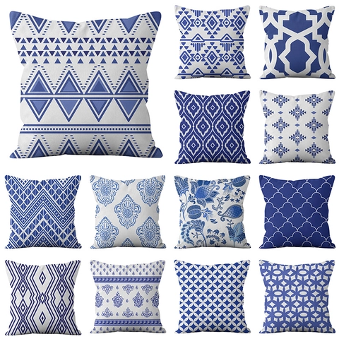 Federa per Cuscino con Motivo Geometrico Blu e Bianco Moderna in Pelle di Pesca Peluche Corto per Divano Casa
