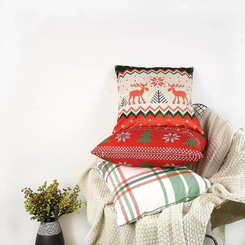 Christmas Linen Pillow Cover Decorative Cushion Case Xmas Decor Red Green Plaid Reindeer Tree Pattern Home Sofa Square