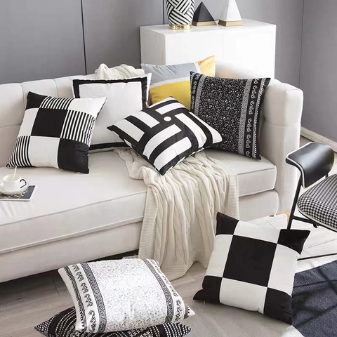 Funda de Almohada Geométrica Blanca y Negra Minimalista Moderna Piel de Melocotón Funda de Cojín de Sofá Decorativa Hogar