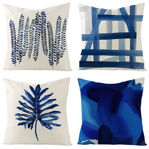 Federa per Cuscino in Imitazione Lino con Motivo Geometrico a Foglia Blu Decorativo per Divano Soggiorno Decorazioni per la Casa