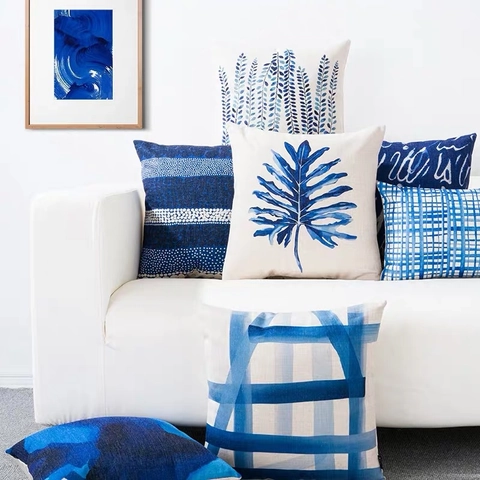 Federa per Cuscino in Imitazione Lino con Motivo Geometrico a Foglia Blu Decorativo per Divano Soggiorno Decorazioni per la Casa
