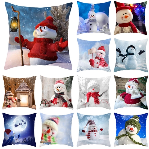 Funda de Cojín de Muñeco de Nieve de Navidad Poliéster Piel de Melocotón Funda de Almohada Decorativa Sofá Hogar