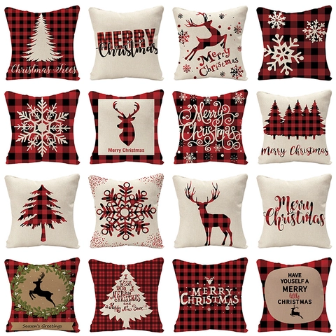 Christmas Buffalo Plaid Linen Pillowcase Rustic Reindeer Snowflake Christmas Tree Cushion Cover For Sofa Home Decor Holiday Gift