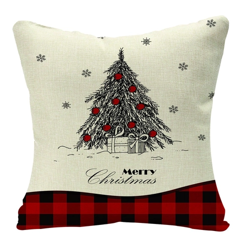 Christmas Buffalo Plaid Linen Pillowcase Rustic Reindeer Snowflake Christmas Tree Cushion Cover For Sofa Home Decor Holiday Gift
