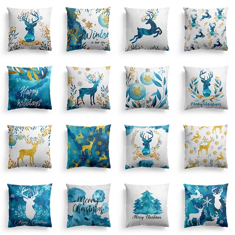 Aquarell Blau Rentier Weihnachten Kissenbezug Dekorativ Polyester Pfirsichhaut Quadratischer Kissenbezug Für Heim Urlaub Party Dekor