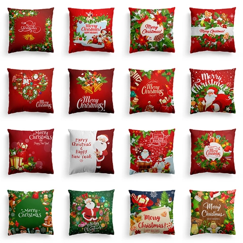 Festive Christmas Pillowcase Red Green Santa Snowman Pattern Polyester Cushion Cover For Sofa Home Decor Holiday Gift