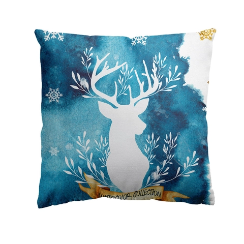 Aquarell Blau Rentier Weihnachten Kissenbezug Dekorativ Polyester Pfirsichhaut Quadratischer Kissenbezug Für Heim Urlaub Party Dekor