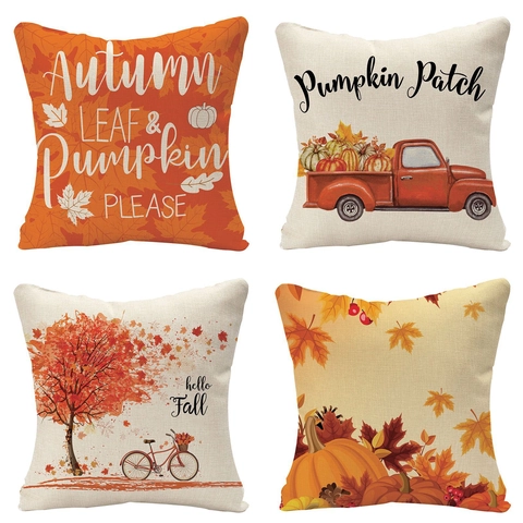Thanksgiving Fall Maple Leaf Pumpkin Pickup Truck Pillow Case Faux Linen Decorative Cushion Cover For Sofa Home Decor