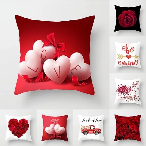 Housse de Coussin Carrée Motif Cœur Rose Rouge de la Saint-Valentin en Peau de Pêche Décorative pour Mariage Maison Canapé