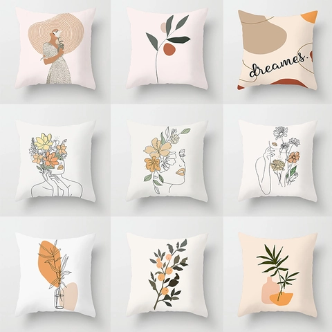 Moderner Morandi Kissenbezug Abstraktes Weibliches Porträt Linienzeichnung Geometrisch Plüsch Quadratischer Kissenbezug Home Decor