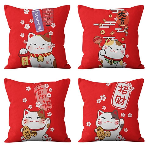 Maneki-neko Glückskatze Roter Kissenbezug Weicher Kurzplüsch Kissenhülle Für Neujahr Dekoration Quadratischer Kissenbezug