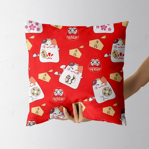 Maneki-neko Glückskatze Roter Kissenbezug Weicher Kurzplüsch Kissenhülle Für Neujahr Dekoration Quadratischer Kissenbezug