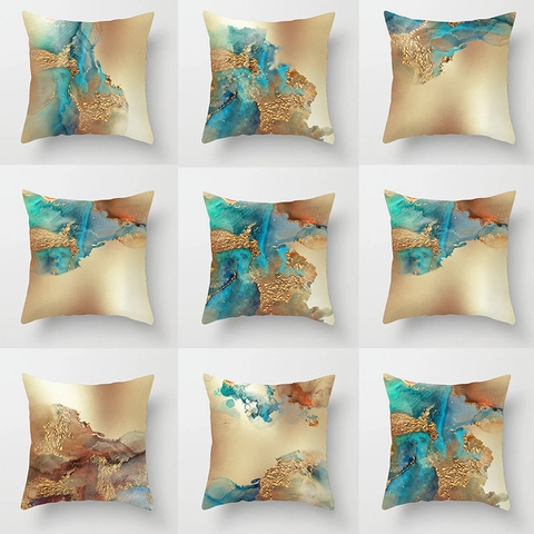 Federa per Cuscino in Pelle di Pesca con Texture di Marmo a Foglia d'Oro ad Acquerello Astratto Nordico Moderna Lussuosa