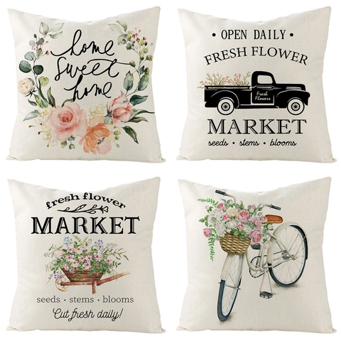 Vintage Farmhouse Polyester Linen Cushion Cover Flower Market Truck Bicycle Pattern Decorative Pillowcase For Sofa Living Room Home
