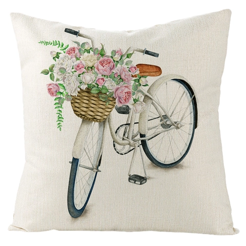 Vintage Farmhouse Polyester Linen Cushion Cover Flower Market Truck Bicycle Pattern Decorative Pillowcase For Sofa Living Room Home