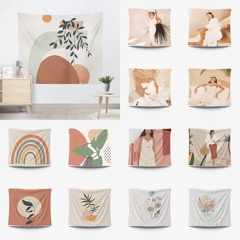 Morandi Abstract Tapestry Polyester Wall Hanging With Geometric Botanical Female Portrait Pattern Digital Printed Home Decor