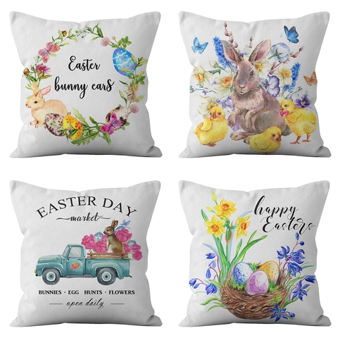 Easter Pillow Case Watercolor Bunny Eggs Floral Print Peach Skin Cushion Cover Decorative Throw Pillow Cover For Home Sofa