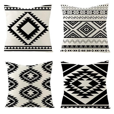 Funda de Almohada Geométrica Marroquí de Lino de Algodón Blanco y Negro Estilo Tribal Bohemio Decorativa Hogar