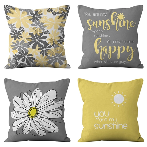 Fundas de Almohada Decorativas con Motivos de Margaritas Amarillas Grises y Blancas Sunshine Slogan para Sofá Hogar