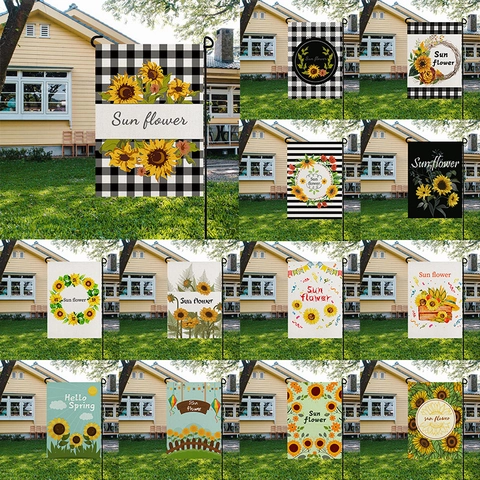 Sunflower Garden Flag Double Sided Rustic Linen Checkered Outdoor Decorative Flag Vertical Yard Banner For House Decoration