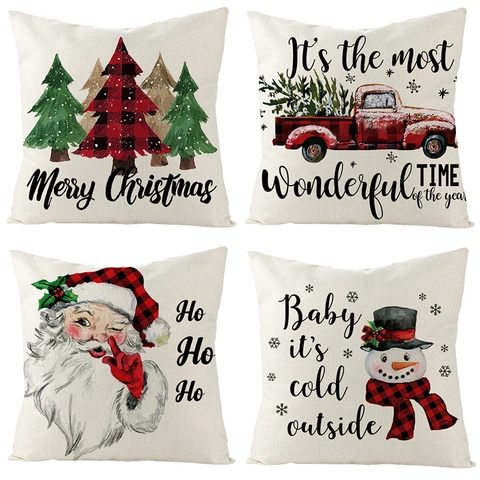 Kerstmis Kussensloop Vintage Katoen Linnen Bedrukt Decoratieve Kussenhoes Kerstman Sneeuwpop Rode Truck Kerstboom Thuis Sofa Decor