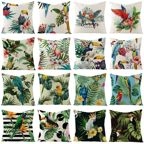 Fodera per Cuscino in Lino Tropicale Impermeabile Motivo Pappagallo Fenicottero Summer Paradise Federa Decorativa per Esterni Interni Casa