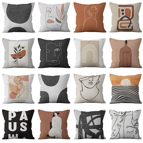 Nordisches Wabi-Sabi Abstrakt Kissenbezug Modern Minimalistisch Kurzplüsch Kissenhülle Künstlerische Linien Porträt Geometrische Dekokissen Bezug