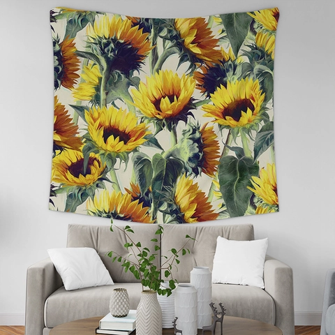 Tapisserie Murale en Poliestere Style Nordique Esthétique Tournesol Lune Paysage Impression Art Abstrait pour Salon Chambre Décoration Maison