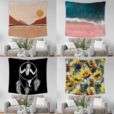 Tapisserie Murale en Poliestere Style Nordique Esthétique Tournesol Lune Paysage Impression Art Abstrait pour Salon Chambre Décoration Maison