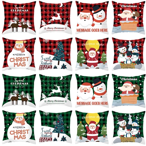 Christmas Buffalo Plaid Pillowcase Red Green Black Checked Cushion Cover Santa Reindeer Snowman Decor For Home Party