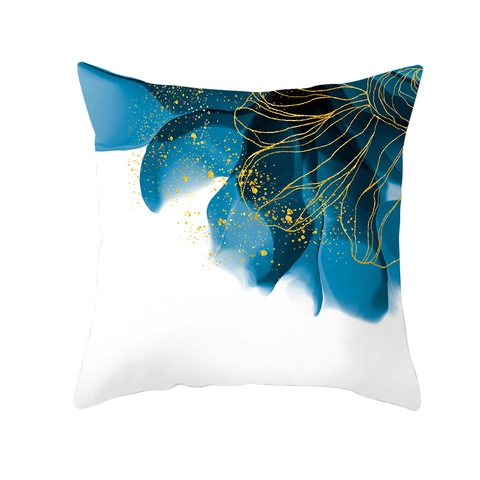 Fodera per Cuscino Astratta a Inchiostro Blu Moderno Foglia d'Oro Acquerello Artista Pelle di Pesca Divano Decorativo