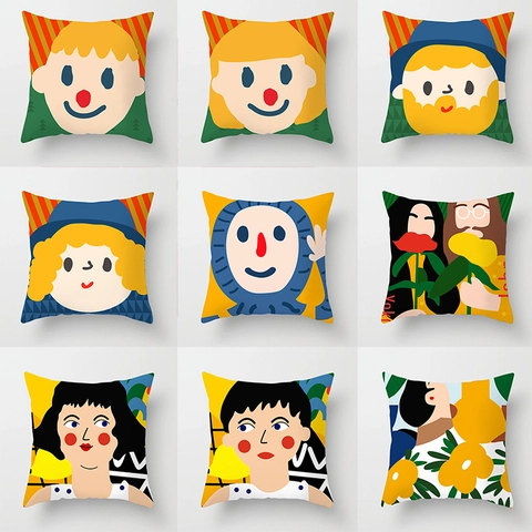 Cute Cartoon Couple Character Portrait Peach Skin Pillowcase Abstract Modern Art Printed Square Throw Pillow Cover Home Decor