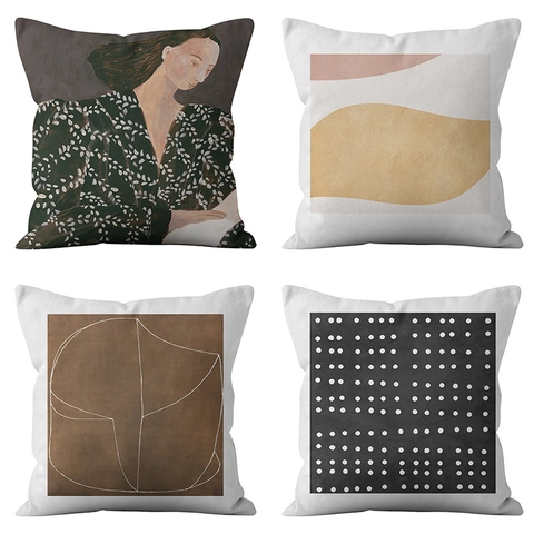 Fodera per Cuscino in Cotone Lino Ritratto Moderno Arte Astratta Copricuscino Geometrico Minimalista Giapponese per Divano Soggiorno Decorazione Casa