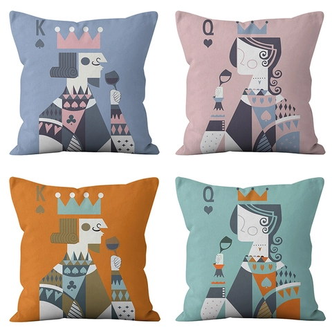 Funda de Almohada de Felpa Corta Moderna Nórdica Patrón Póker Rey Reina Artística Decorativa Cojín Para Sofá Sala de Estar