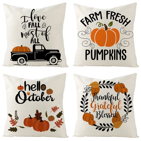 Thanksgiving Pumpkin Throw Pillow Cover Linen Decorative Autumn Cushion Case For Living Room Couch Sofa Decor Fall Home Decoration